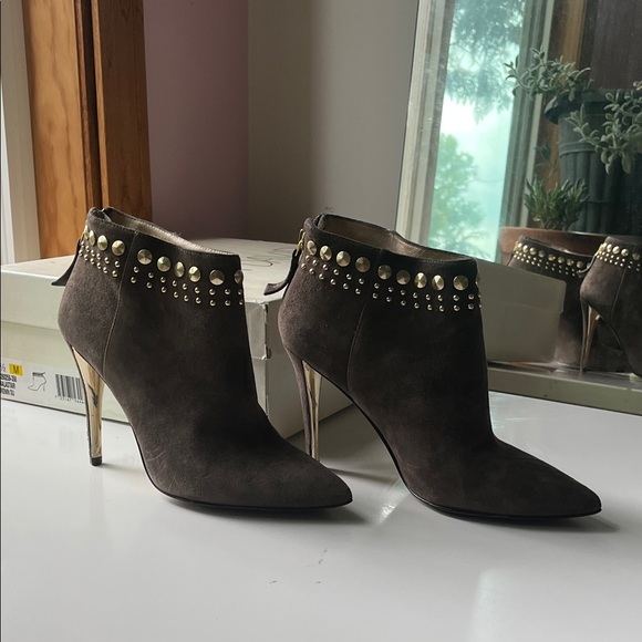 Joan & David Dark Brown Studded Heeled Boots - Picture 1 of 5